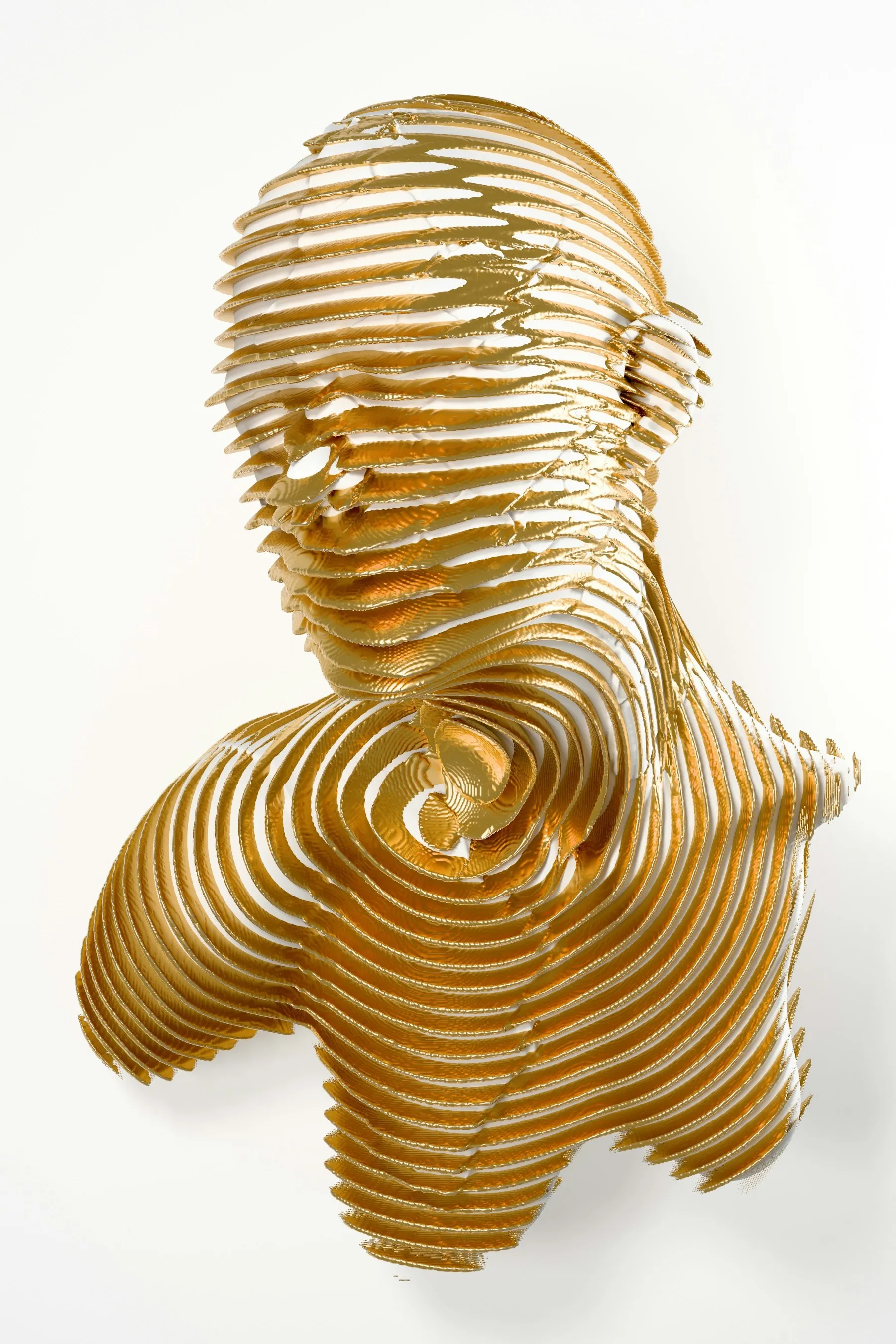 A gold sculpture of a human head