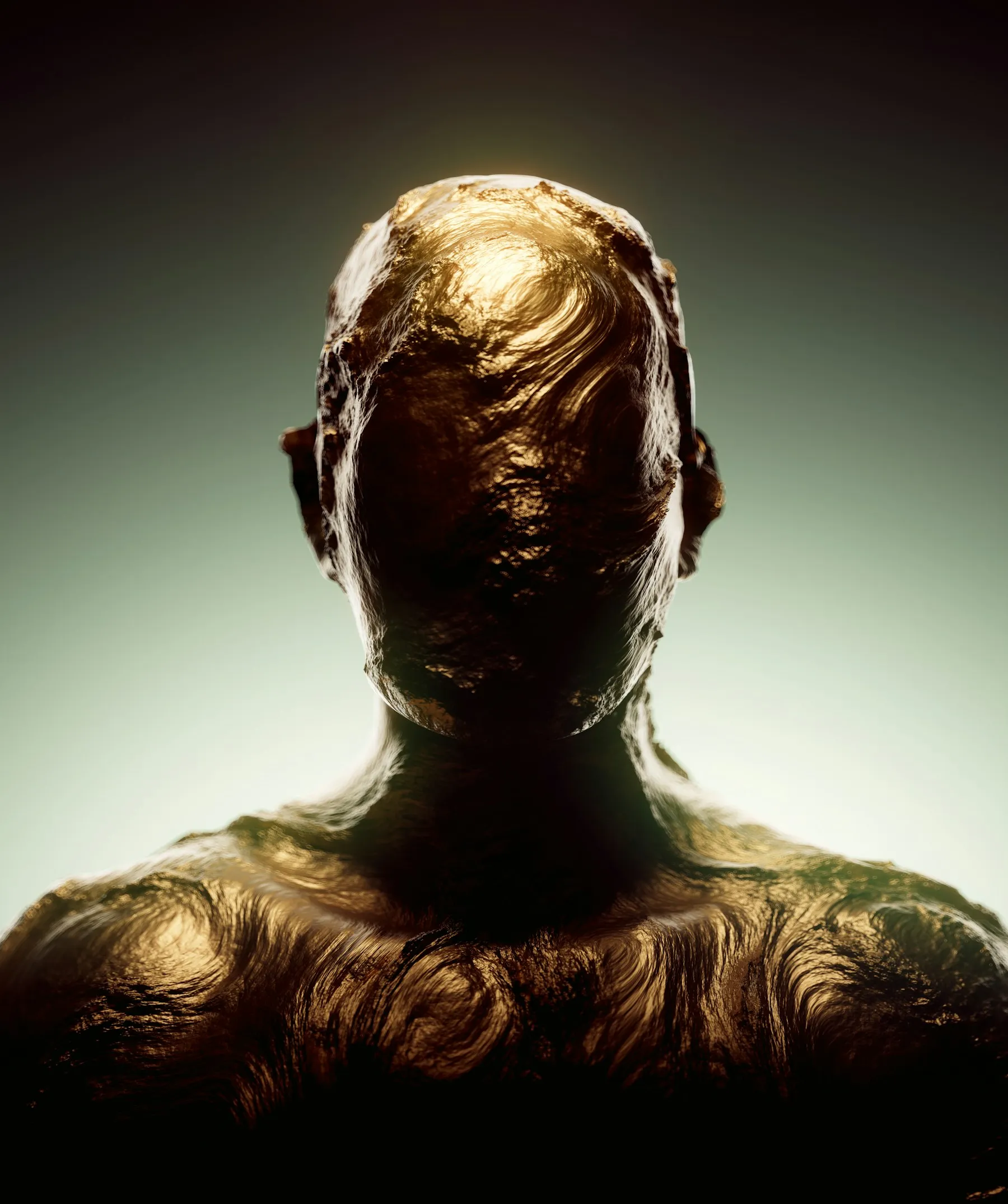 A textured golden bust with no facial features