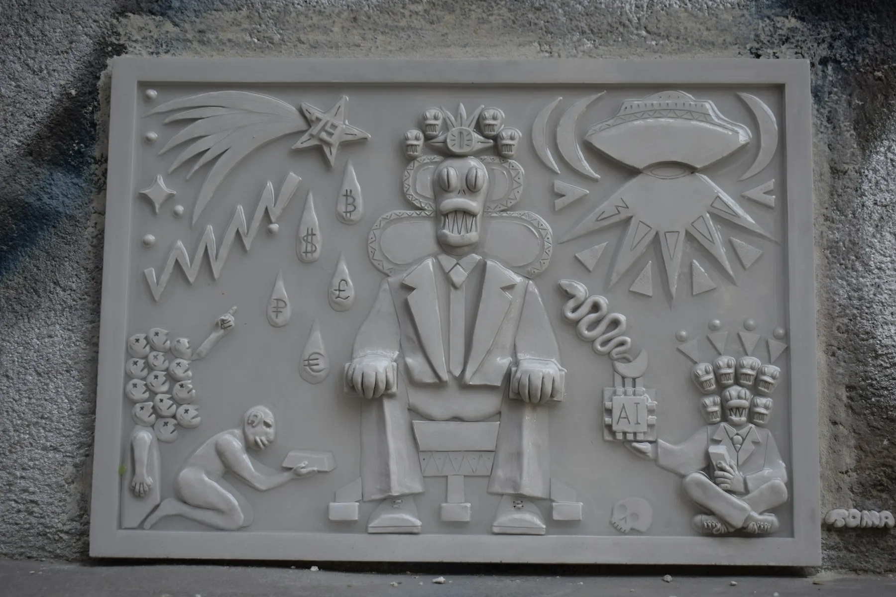 A surreal bas-relief with symbols and figures